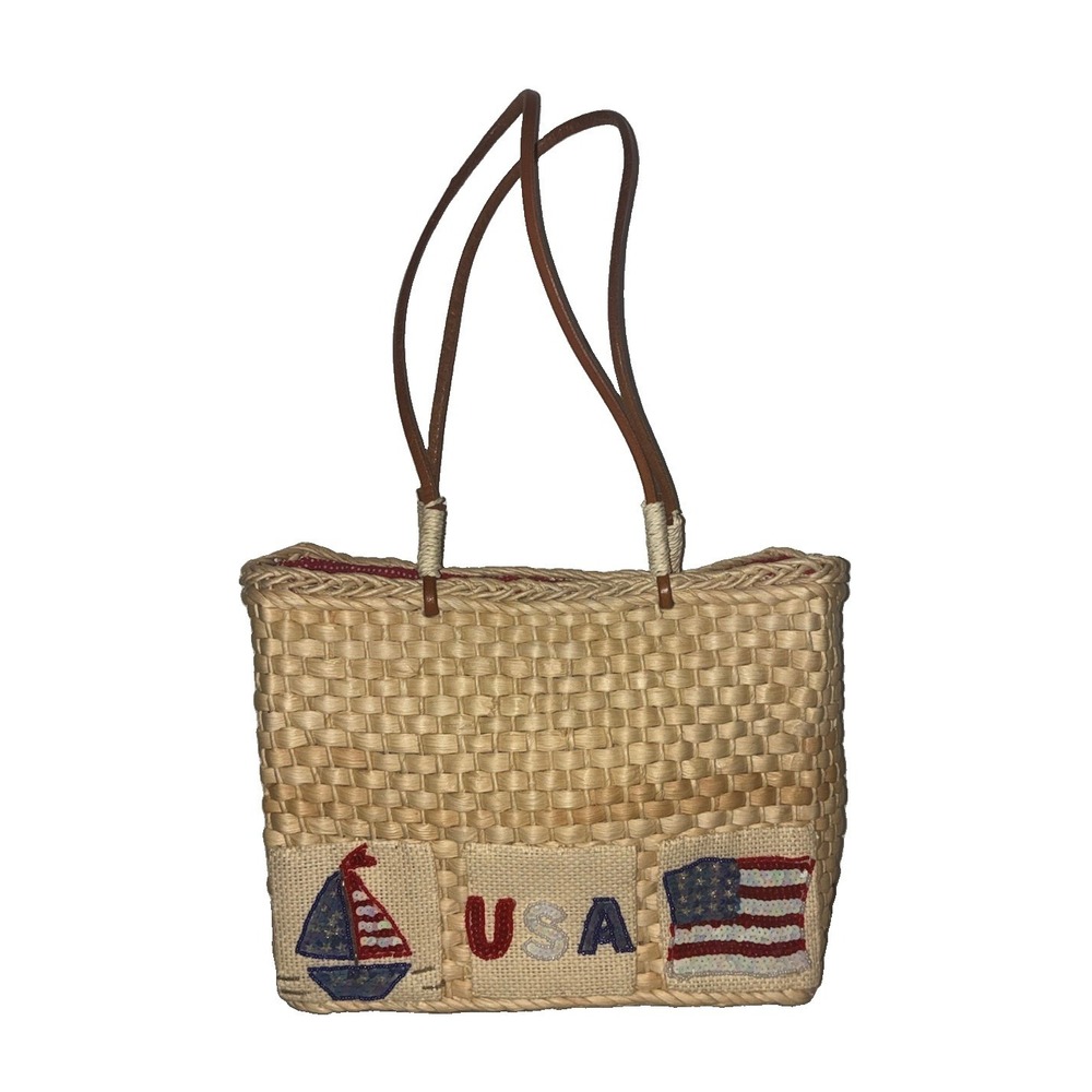 QVC Purse USA Flag Boat Patriotic Corn Husk Straw Shoulder Bag 11x9x4"